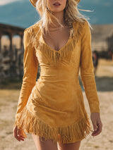 Stylish Retro Western-style Yellow Faux Suede Fringed Mini Dress