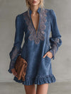 Vintage Exquisite Western Embroidered V-neck Front Zip Ruffled Hem Blue Suede Mini Dress