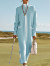 Sporty And Stylish White-trimmed Blue Knit Maxi Dress