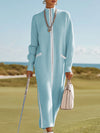 Sporty And Stylish White-trimmed Blue Knit Maxi Dress