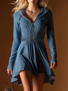 Sporty Retro Style Hooded Half-zip Blue Cotton Mini Dress