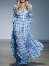 Loose V-neck Plaid Chiffon Long-sleeved Maxi Dress