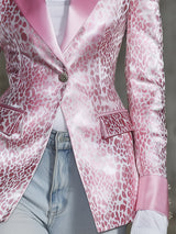Stylish Pink SatinWith Leopard Print Collar And Solid Color Design Blazer