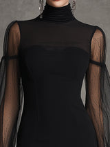 Elegant Black Knitted And Tulle Patchwork Mini Dress