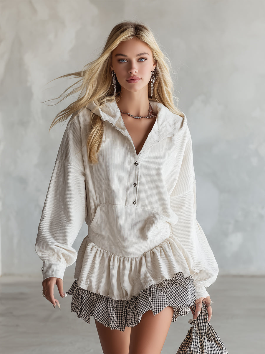 Stylish Sporty Checkered-trim White Corduroy Hooded Mini Dress