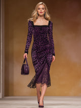 Stylish And Elegant Lace Purple Leopard Print Square-neck Midi Dress