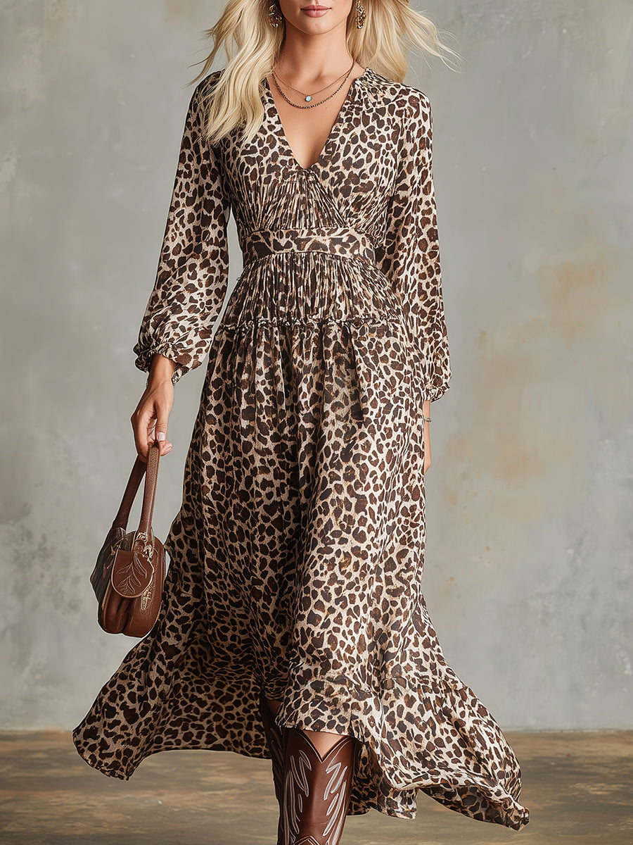 Stylish Leopard Print Chiffon V-neck Midi Dress With Elasticated Waist.