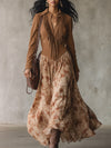 Retro Bohemian Khaki Faux Suede Patchwork Chiffon Printed Maxi Dress