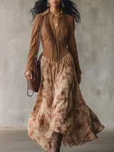 Retro Bohemian Khaki Faux Suede Patchwork Chiffon Printed Maxi Dress