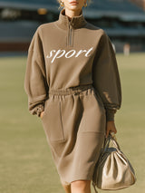 Loose-fitting Casual Stand-up Collar Brown Cotton Midi Dress