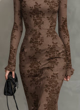Elegant Brown 3D Floral Elastic Lace Fishtail Maxi Dress