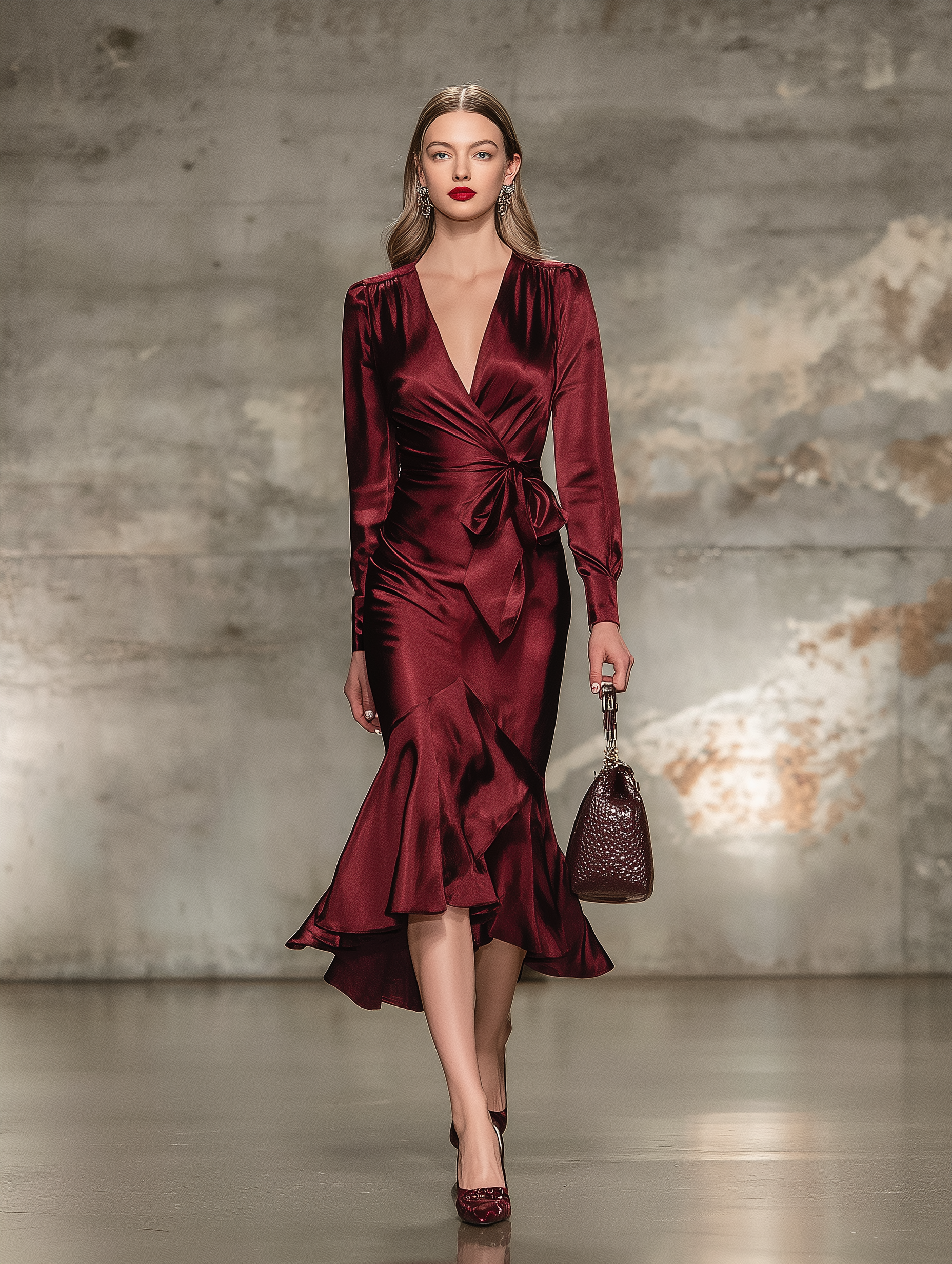Elegant Angora Red V-neck Midi Dress With Bow Tie Detail