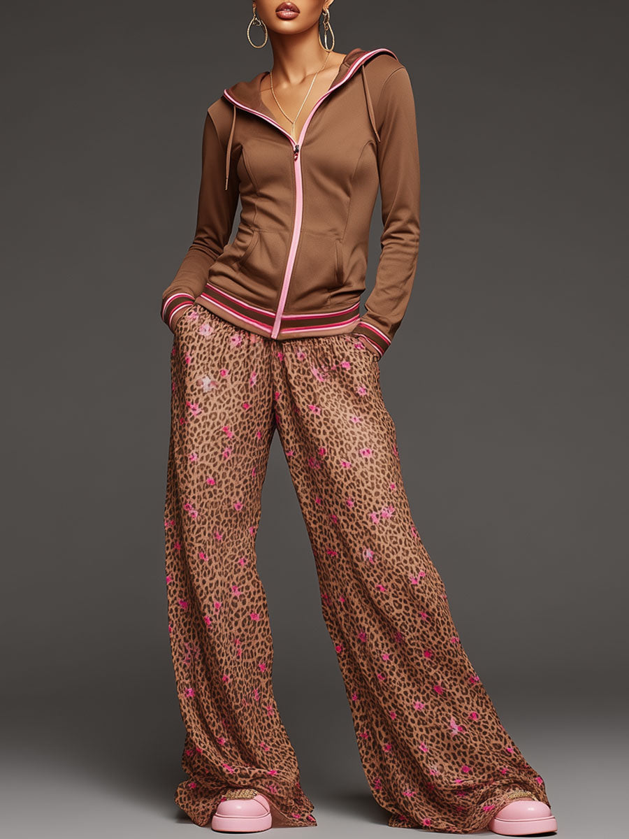 Sporty Retro Brown Hooded Sweatshirt With Leopard Print Chiffon Wide-Leg Pants Set