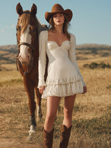 Western-style White Cotton And Linen Mini Dress With Ruffled Long Sleeves.