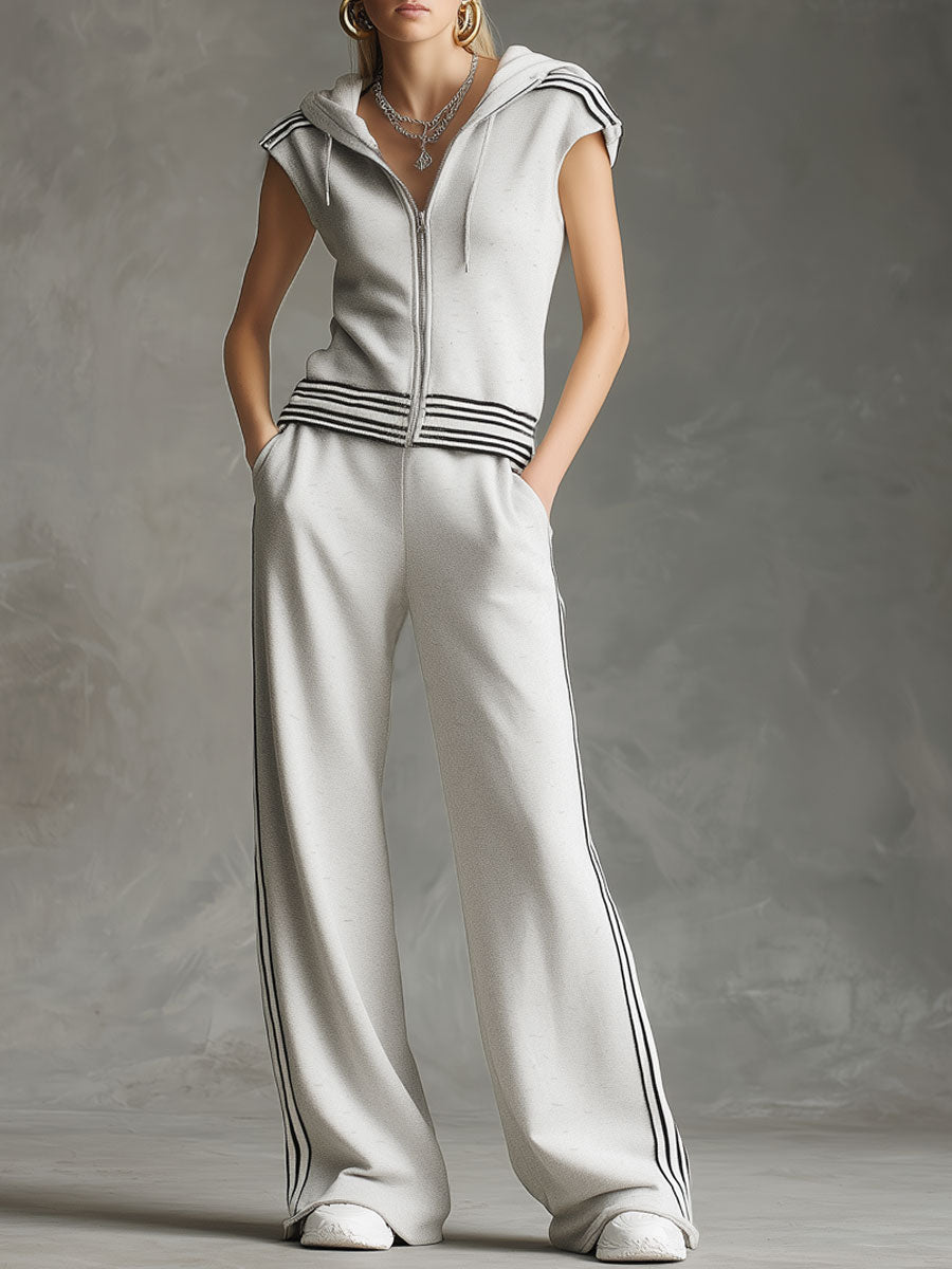 Sporty Black Striped Light Gray Sleeveless Hooded Sweatshirt And Wide-Leg Pants Set
