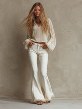White Frayed-hem Flared Jeans
