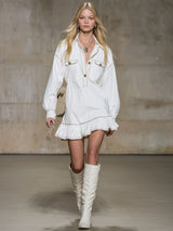 Collared Pocketed Ruffled White Denim Mini Dress