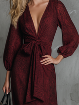 High-end Chic V-neck Tie-up Burgundy Satin Jacquard Maxi Dress