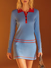 Stylish Red-collared And Piped Blue Knitted Mini Dress