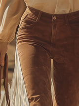 Retro Western Style White Fringed Brown Faux Suede Pants