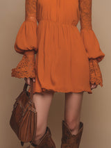 Retro Fashion Slim-fitting Long-sleeved Lace-paneled Off-the-shoulder Orange Woven Mini Dress