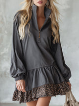 Retro Leopard Print Trim Gray Denim Half-zip Mini Dress