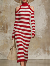 Stylish Knitted Red And White Striped Off-the-shoulder Maxi Dress