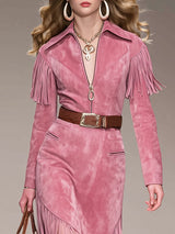 Western Retro Tassel Pink Faux Suede Long-Sleeved Midi Dress
