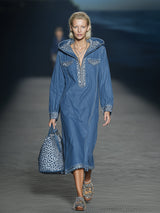 Stylish Blue Denim Patchwork Leopard Print Half-zip Hooded Midi Dress