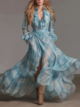 Loose-fitting Ruffled V-neck Plaid Chiffon Long-sleeved Maxi Dress