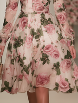 Vintage And Elegant Heart-shaped Neckline A-line Printed Chiffon Midi Dress