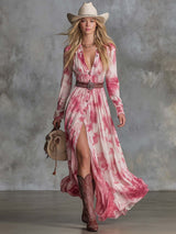 Vintage Western Lapel Front Button Pink Tie-dye Pattern Cotton Slits.Dress