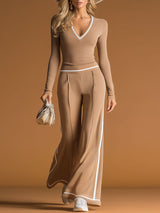 Stylish And Casual White-trimmed Brown V-neck Knit Top And Pants Set