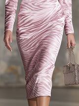 Stylish Pink Satin Zebra Print Long-sleeved Midi Dress