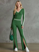 Ribbed V-neck Long-sleeved Top And Trousers Casual Set