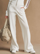 Sporty Retro Ribbed White Knitted Ribbed Long-Sleeve Top And Wide-Leg Pants Set