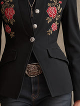Stand Collar Single-breasted Rose Embroidered Woolen Blazer