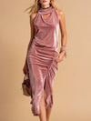 Elegant Openwork Ruched Velvet Sleeveless Midi Dress