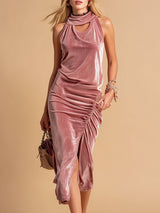 Elegant Openwork Ruched Velvet Sleeveless Midi Dress