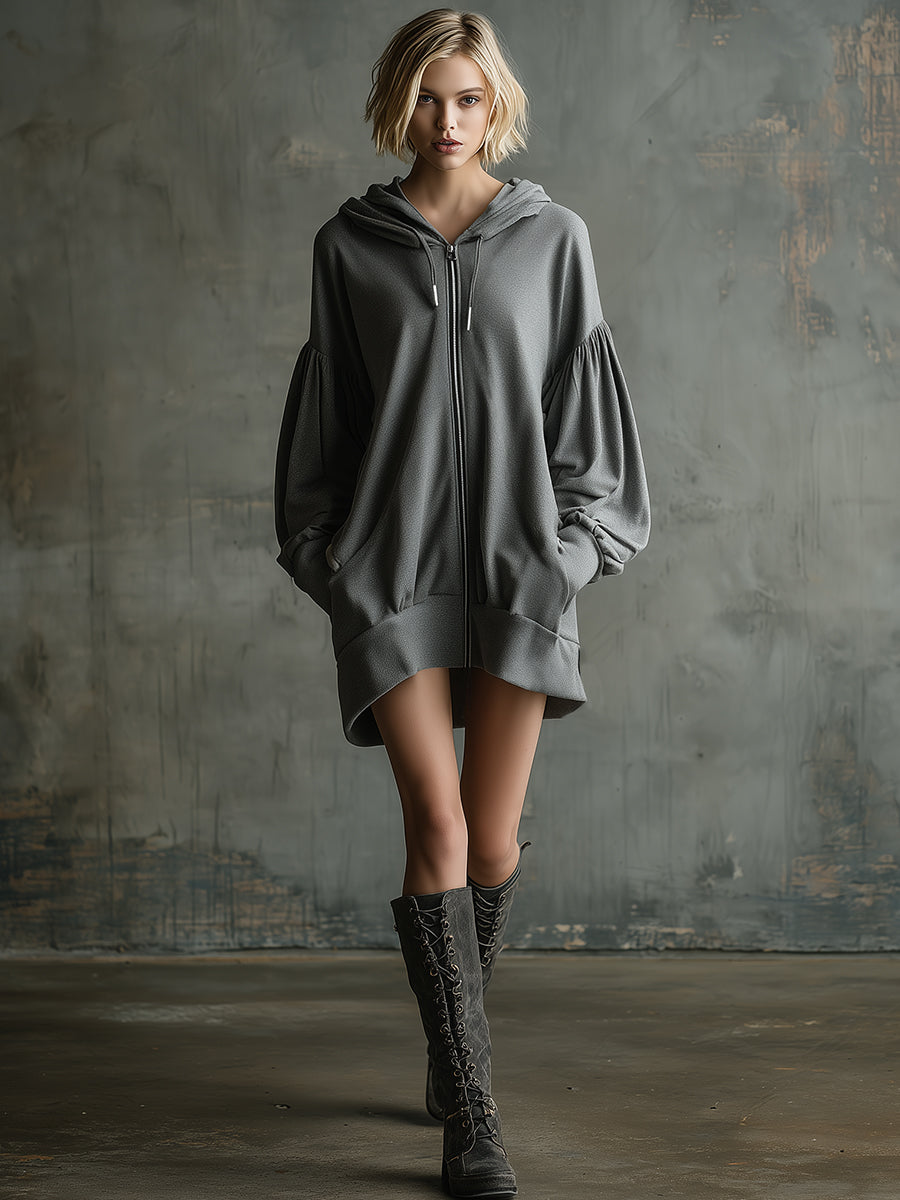 Casual And Stylish Dark Gray Hooded Sporty Mini Dress