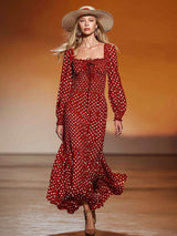 Stylish And Retro White Polka Dot Red Cotton Maxi Dress