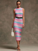Elegant Retro Blue And Pink Knitted Sleeveless Midi Dress