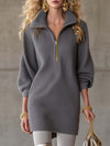 Exquisite Casual Lapel Front Zipper Three-quarter Sleeve Gray Waffle Mini Dress