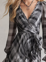 Vintage Western-style Ruffled Grey Plaid Chiffon Maxi Dress