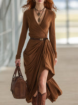 Casual And Stylish Brown V-neck Slit Midi Dress