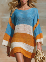 Stylish Outdoor Bohemian-style Colorful Striped Knitted Mini Dress
