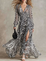 Retro Vacation Black And White Zebra Print Chiffon Long-sleeved Slit Maxi Dress