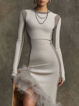 Sporty Retro Light Gray Knit Ribbed Irregular Ruffle Maxi Dress