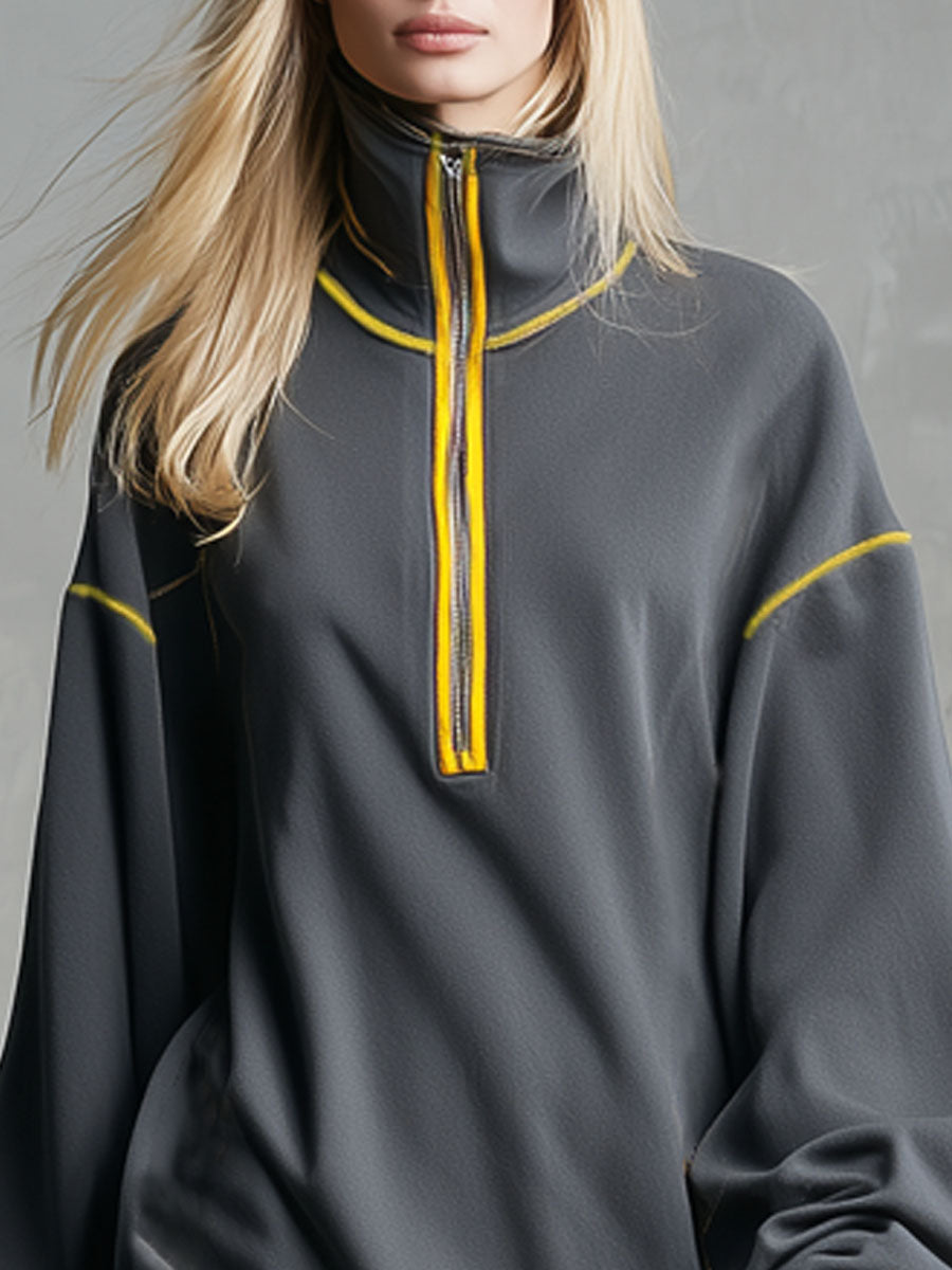 Sporty Color-block Half-zip Neckline Long-sleeved Mini Dress