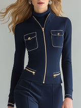 Casual And Versatile Blue Zippered Cotton Jacket And Pants Set.
